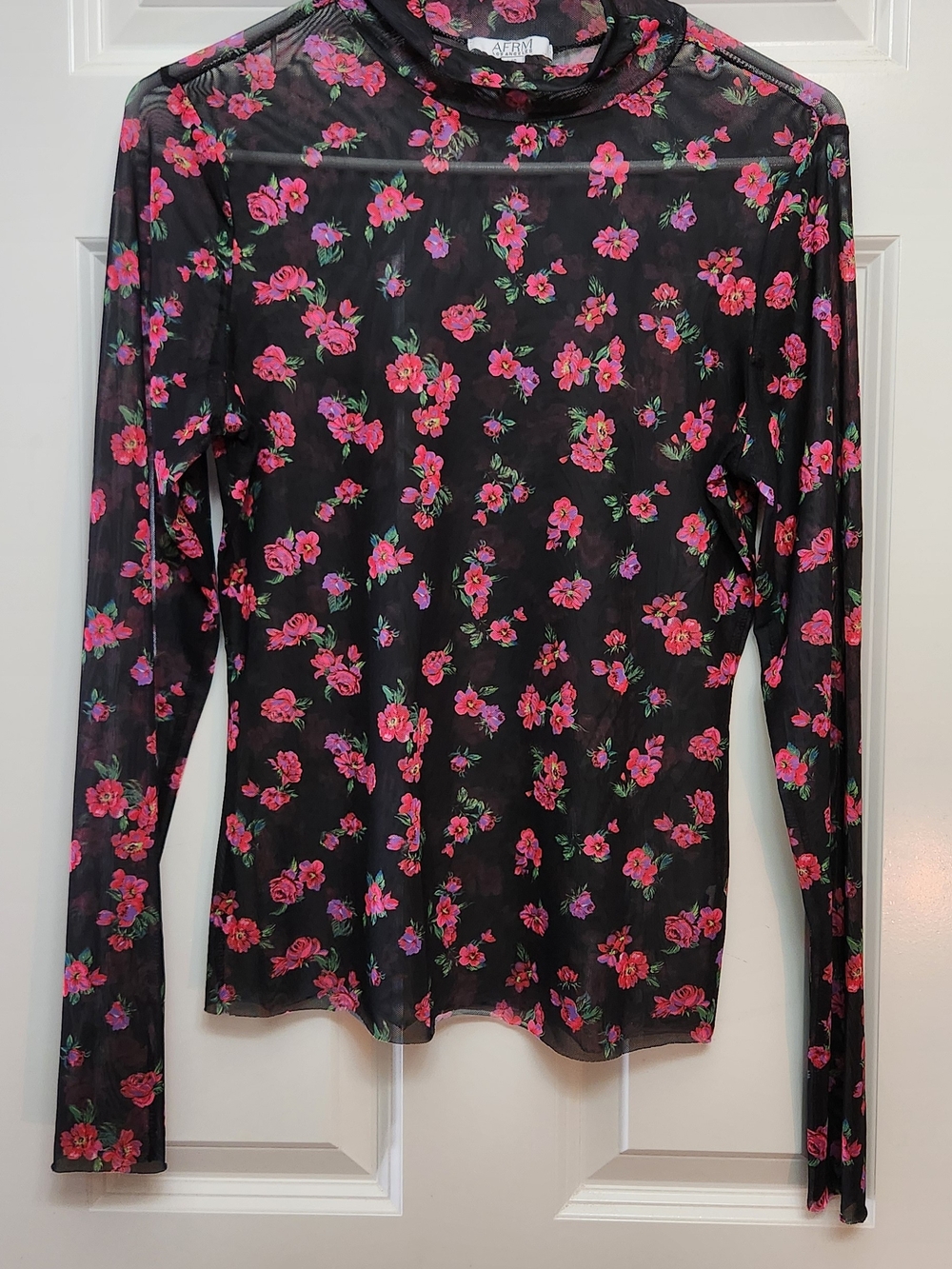 AFRM, Vero Moda Black Mesh Long-Sleeve Top with Bright Pink Floral Print. L.